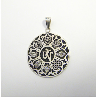 Anhänger Mandala mit 8 Glücksymbolen 42 mm, Silber